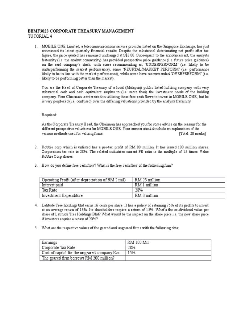 TUTORIAL 4 Questions | PDF | Free Cash Flow | Investing