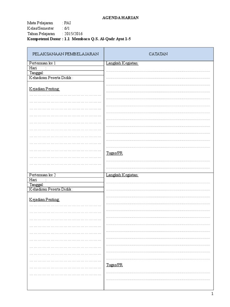 Agenda Harian Guru Mata Pelajaran Pai Seputaran Guru