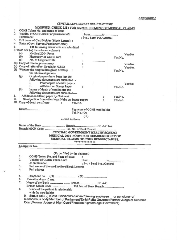NIC Blank Form (Medical Claim Form For CGHS Beneficiaries) PDF