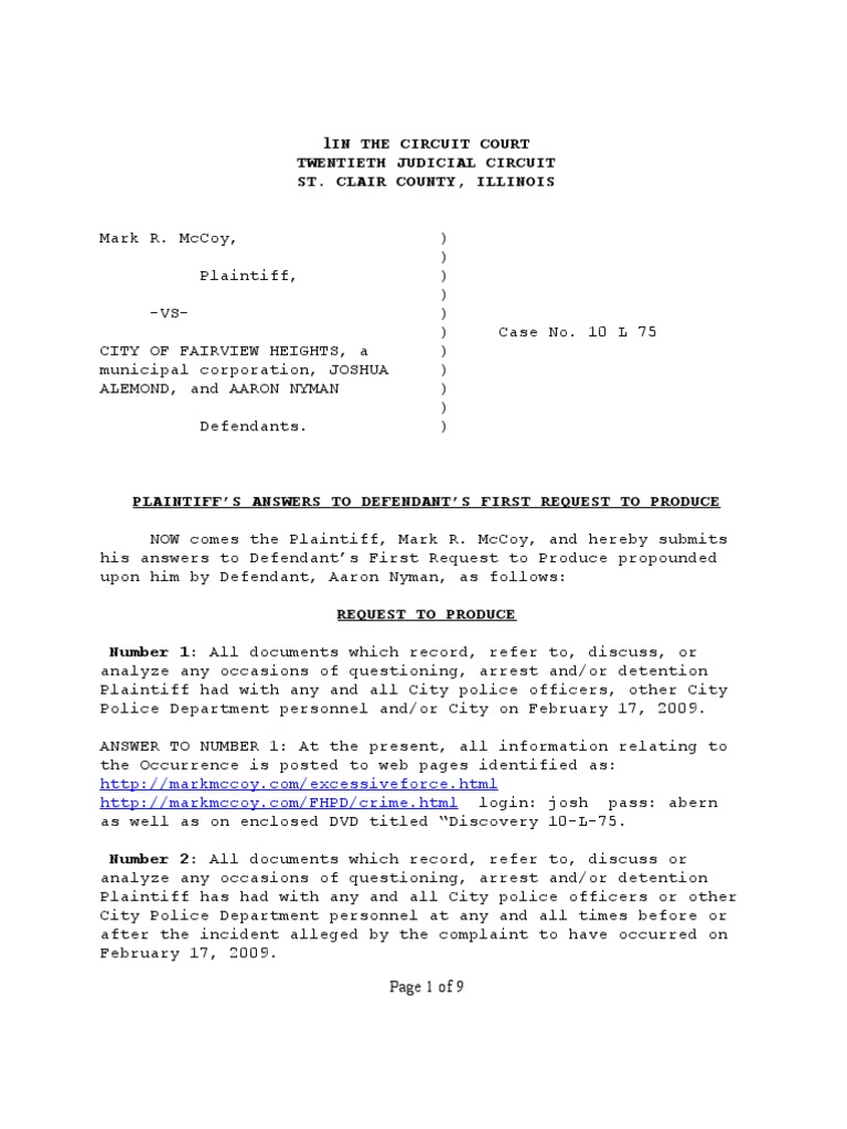 McCoy v. City of Fairview Heights Et Al - Case 10-L-0075 Answer To ...