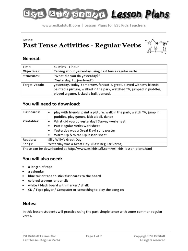 Past Tense Regular Verbs Lesson Plan PDF | PDF | Lesson Plan | Grammatical  Tense