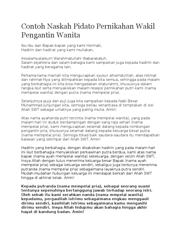 Contoh Naskah Pidato Pernikahan Wakil Pengantin Wanita