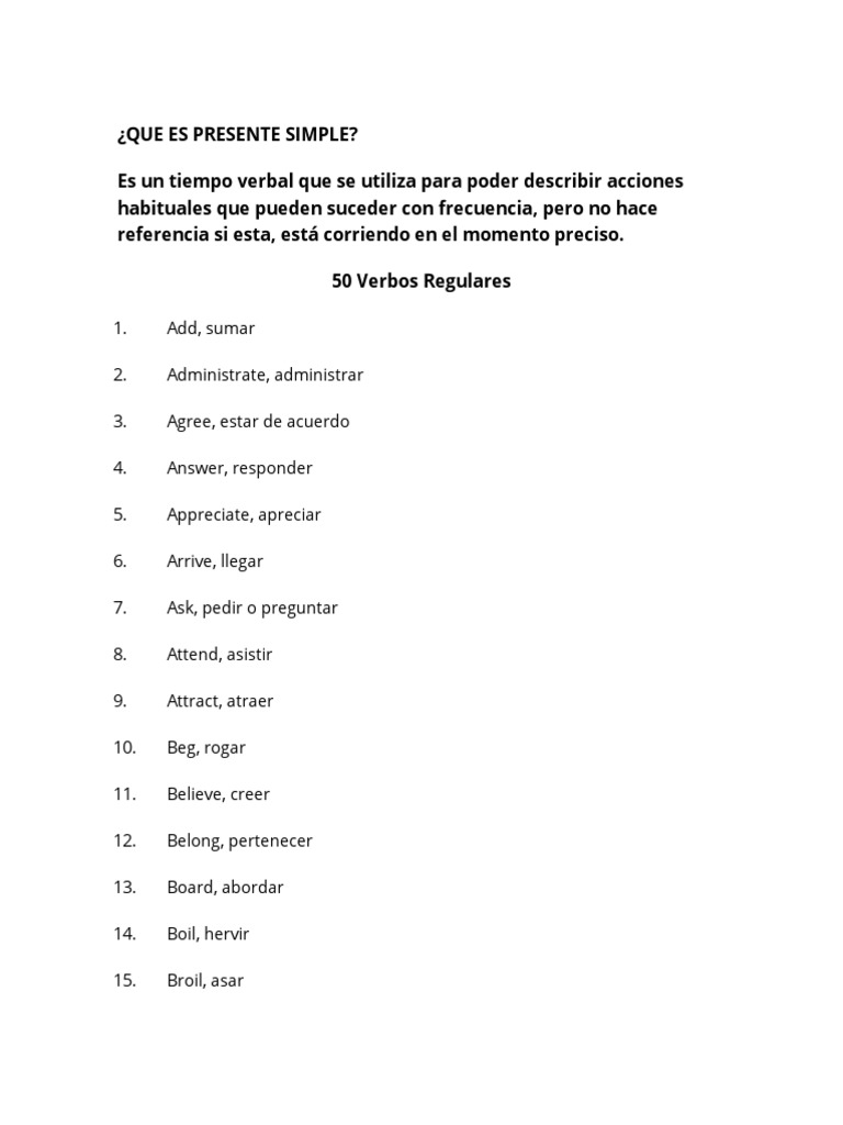 50 Verbos Regulares en Presente | PDF