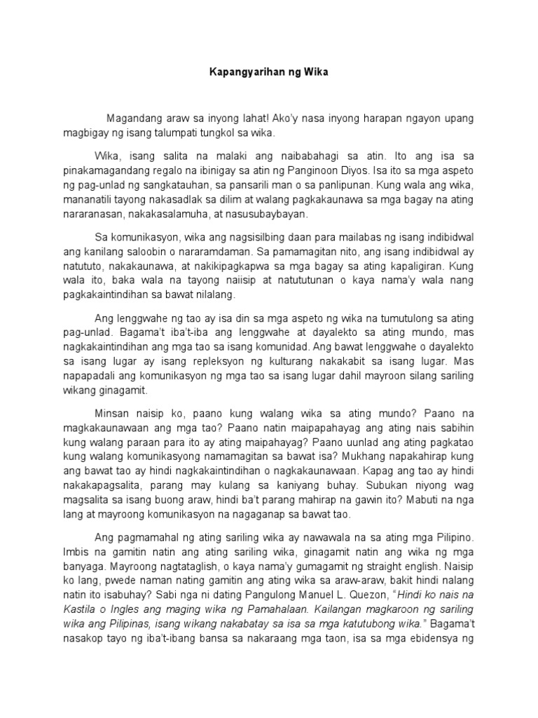 Halimbawa Ng Maikling Talumpati Tungkol Sa Wikang Filipino