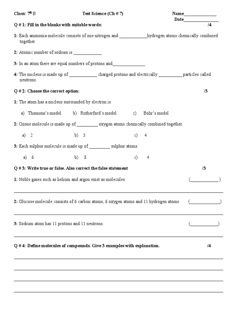 Grade 7 Atoms and Molecules Test | PDF | Atoms | Molecules