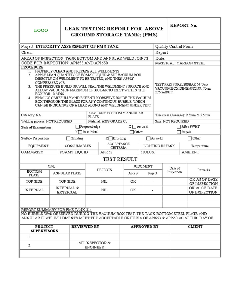 Vacuum Test Report for Storage Tank | PDF | Welding | Construction