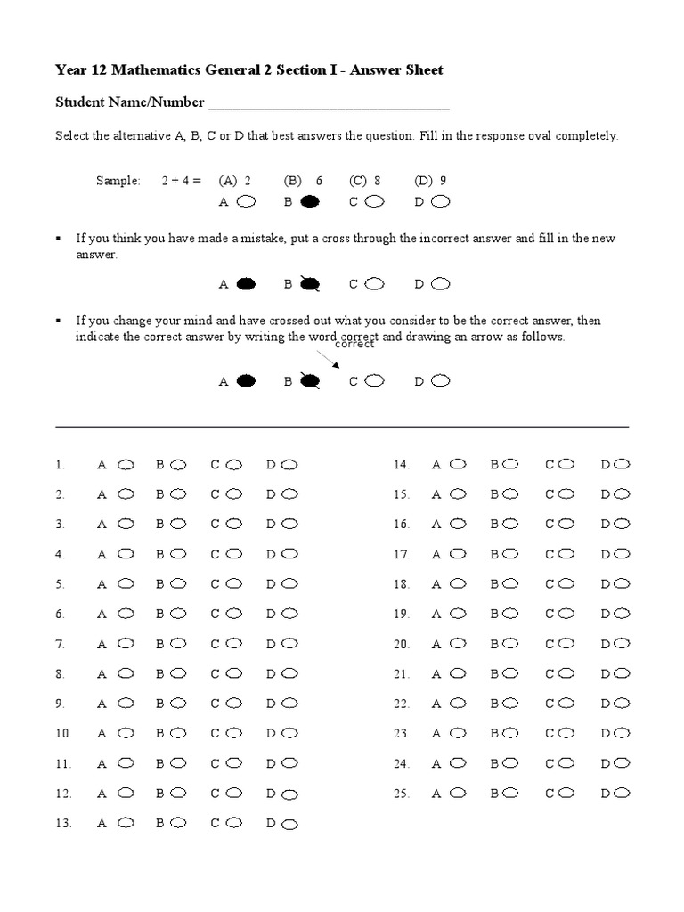 Student Name/Number - : Year 12 Mathematics General 2 Section I ...