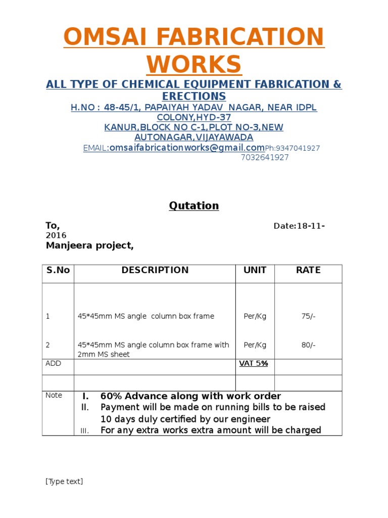 Fabrication Quotation Sample | PDF