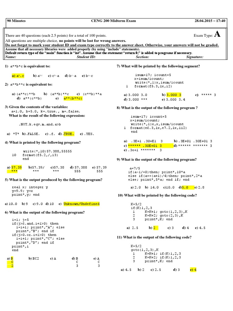 Midterm 2015 | C (Programming Language) | Test (Assessment)