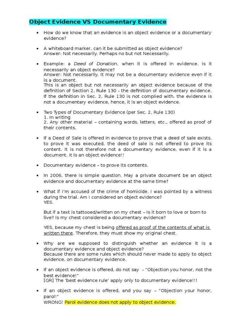 Evidence 2 (Object Vs Documentary Evidence) PDF Evidence (Law