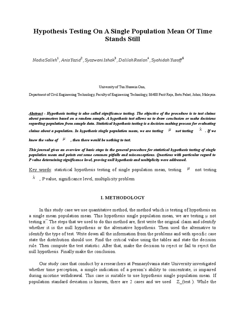 Hypothesis Testing for Population Mean | PDF | Statistical Hypothesis ...