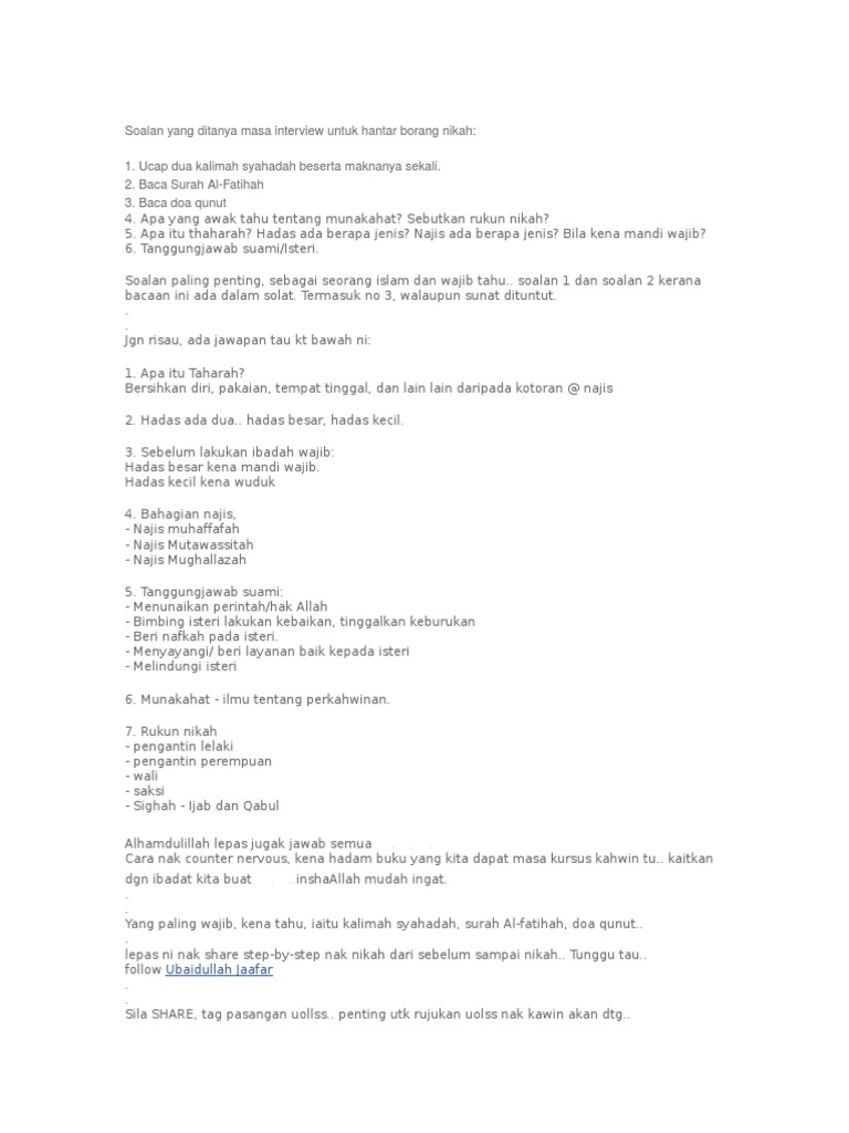 Soalan Yang Ditanya Masa Interview Untuk Hantar Borang Nikah Pdf
