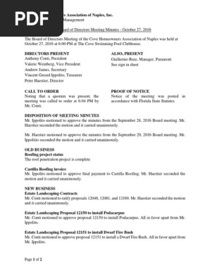 cove hoa board meeting 20161027