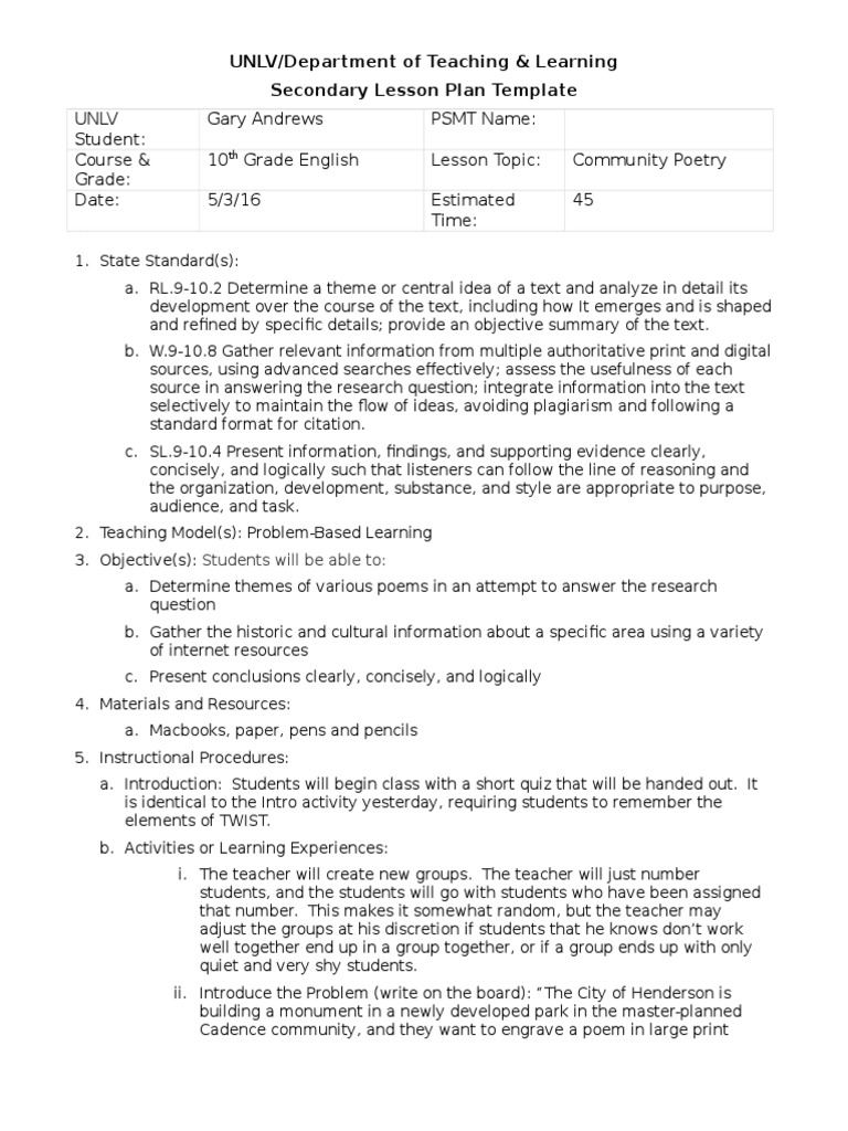 Unit Plan Lesson 7 PBL | PDF | Homework | Educational Assessment