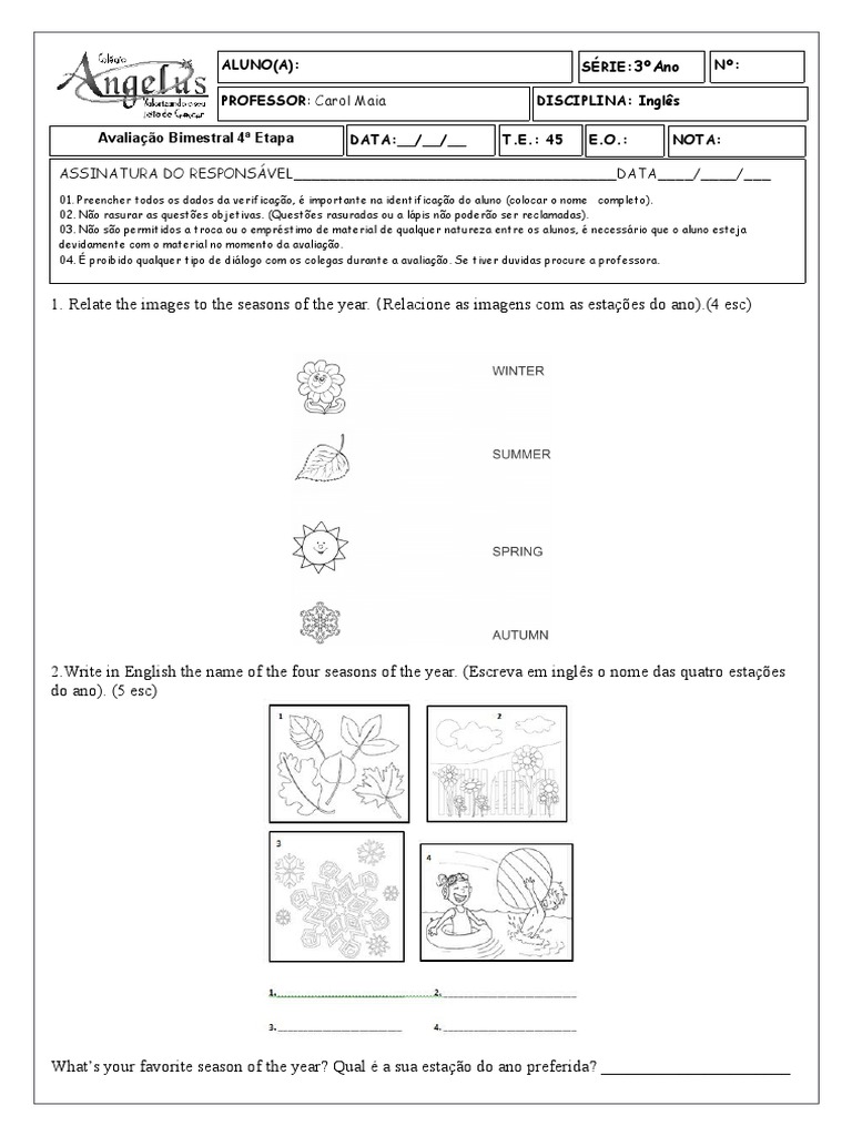 Avaliação de Inglês - 3º Ano Fundamental | PDF