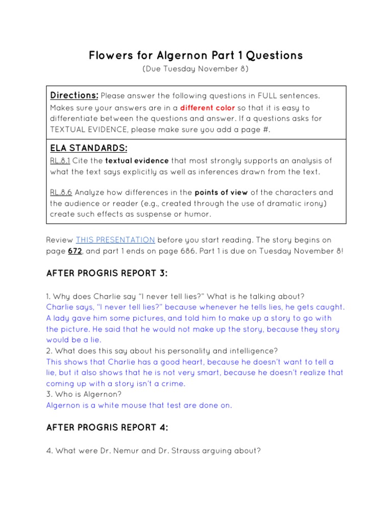 Flowers for Algernon Part 1 Study Questions | PDF