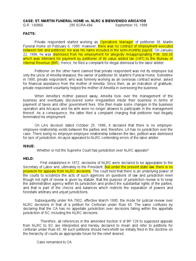 St. Martin Funeral Home vs. NLRC & Bienvenido Aricayos PDF