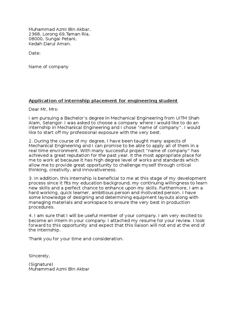 Internship Application for Engineering Student | PDF