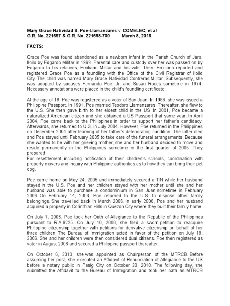 Mary grace natividad s poe llamanzares v comelec et al g r no