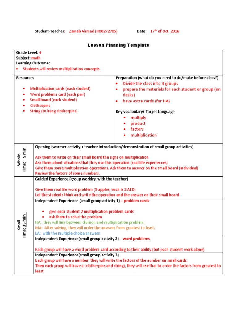 4th Grade Math Multiplication Lesson Plan | PDF | Lesson Plan ...