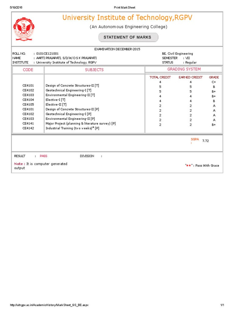 Civil Engineering Marksheet December 2015 | PDF