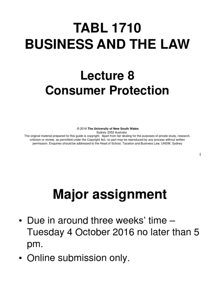 Lecture 8 (Consumer Law) Powerpoint Slides PDF Consumer Protection