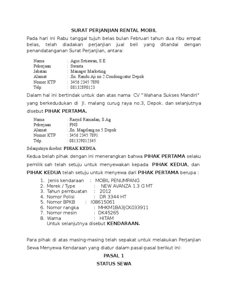 Surat Perjanjian Rental Mobil