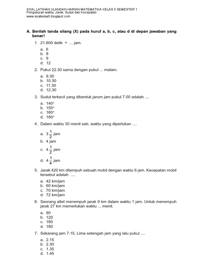 Soal Uh Mtk Kelas 5 Bab Waktu Jarak Dan Kecepatan Semester 1 Pdf