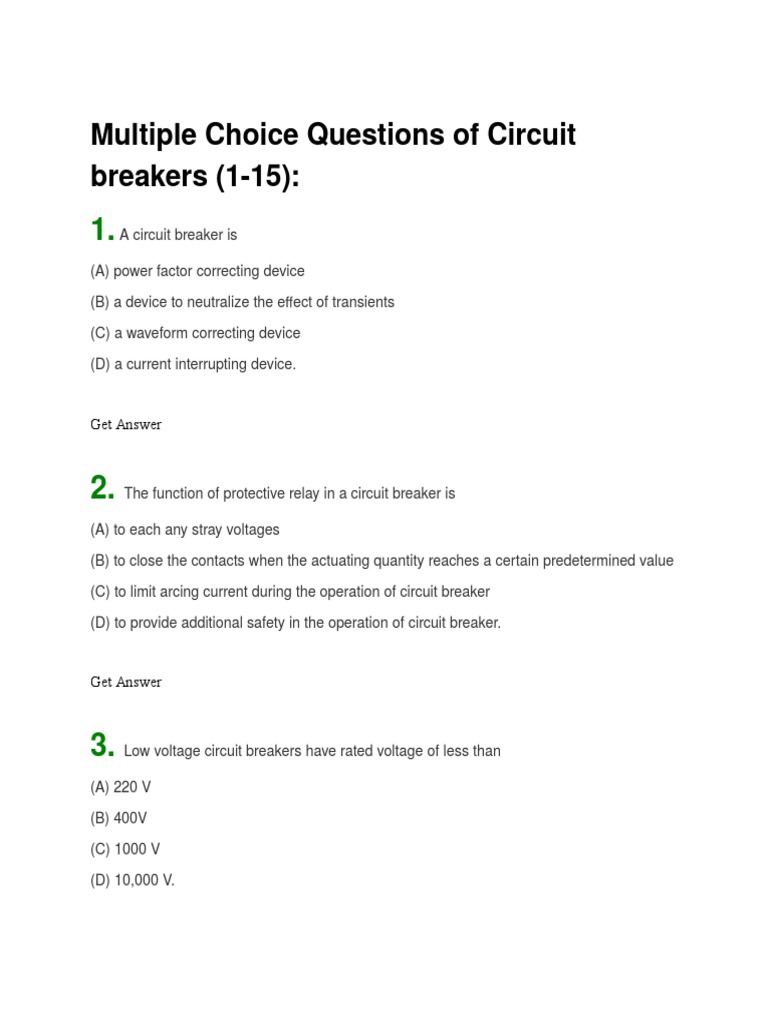 Circuit Breakers Mcqs PDF Electric Arc Fuse (Electrical)
