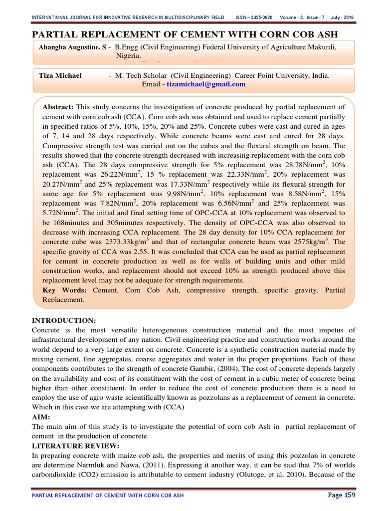 Partial Replacement of Cement With Corn Cob Ash | PDF | Concrete | Fly Ash
