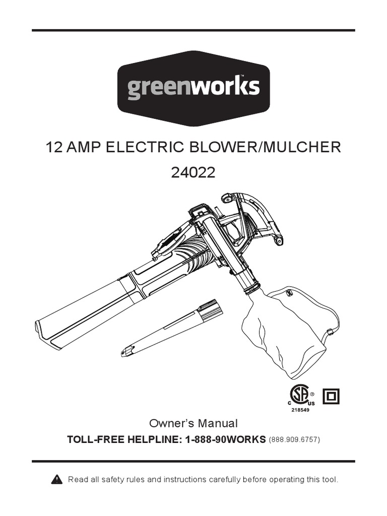 Greenworks 12 Amp Electric Blower Mulcher Owner
