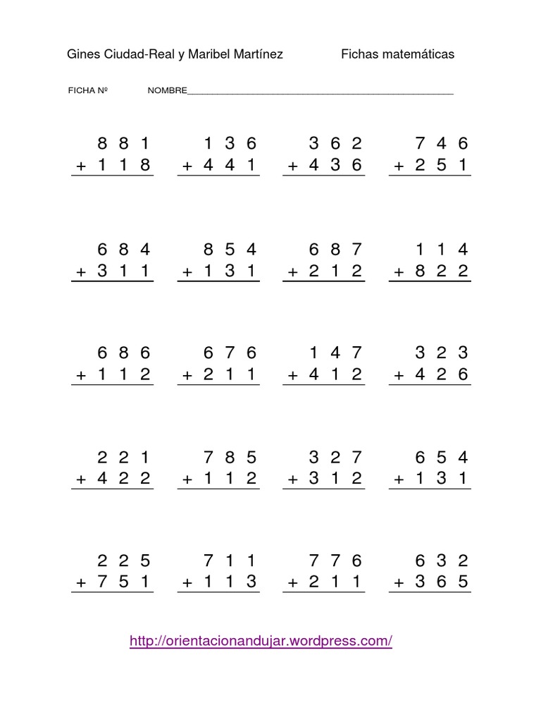Sumas de tres cifras para imprimir | PDF | Enseñanza de matemática ...