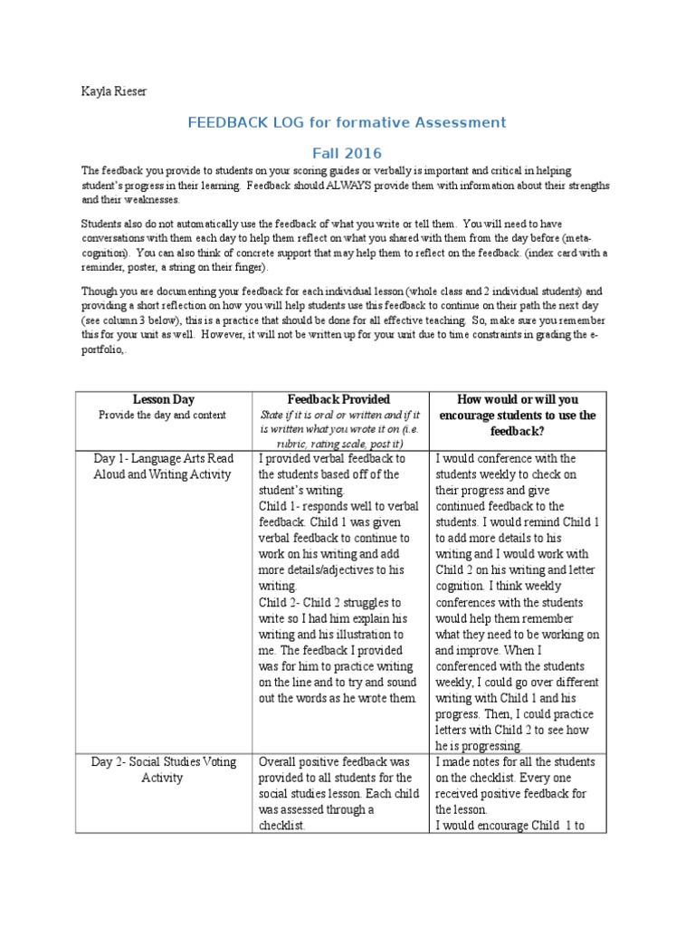 FEEDBACK LOG For Formative Assessment Fall 2016 | PDF | Rubric ...