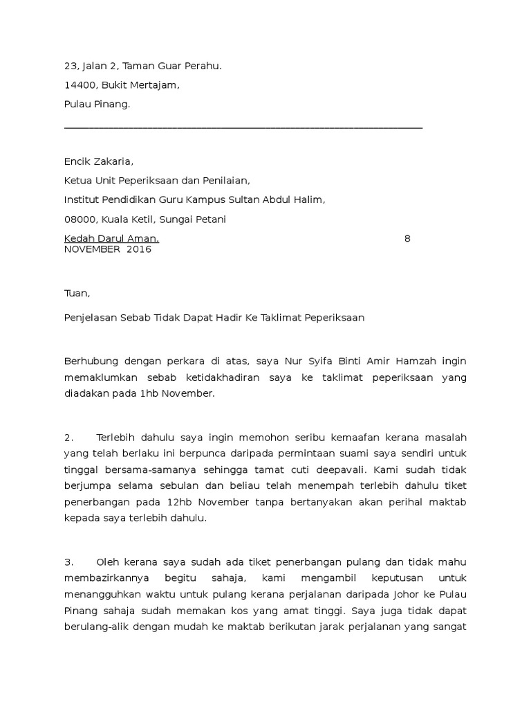 Contoh Surat Tidak Dapat Hadir Taklimat Peperiksaan