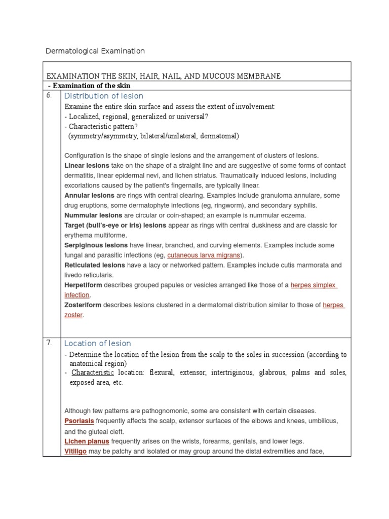 Comprehensive Dermatological Examination Guide | PDF | Cutaneous ...