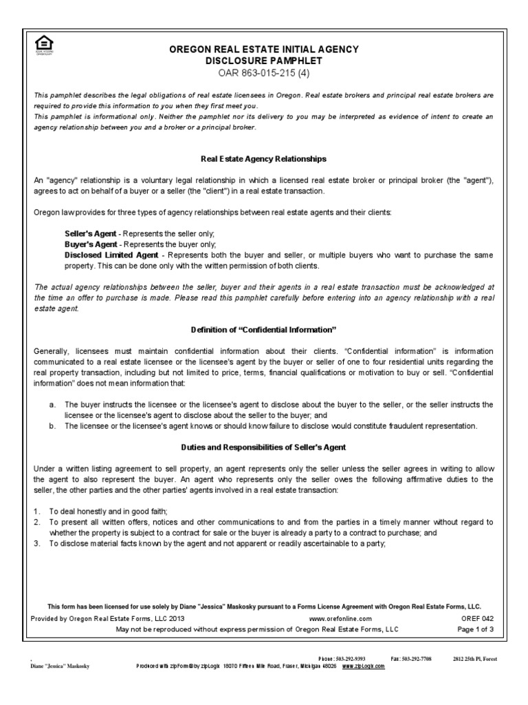 Or Agency Disclosure Pamphlet PDF Law Of Agency Real Estate Broker