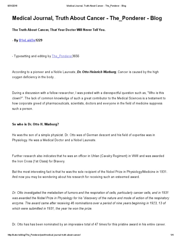 Dr. Otto Warburg's Groundbreaking Research on Cancer Causation and the