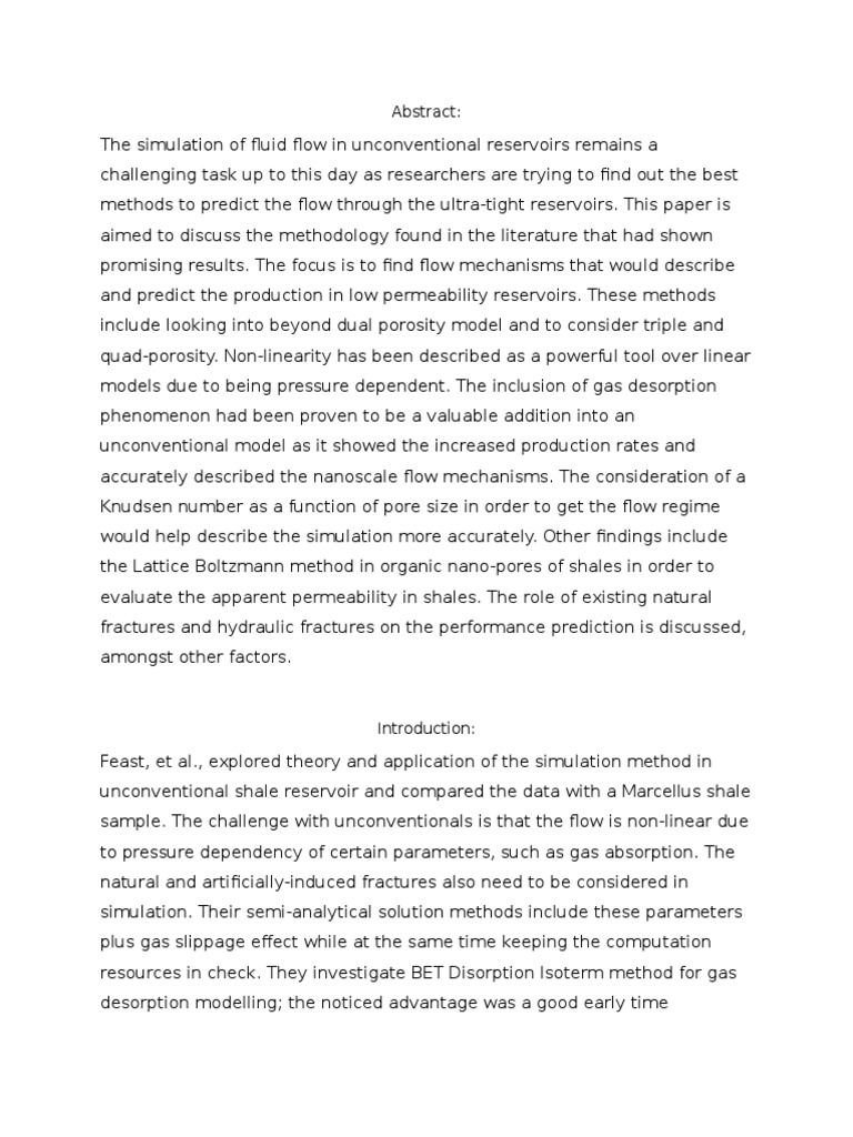Fluid Flow in Unconventional Reservoirs Literature Review PDF