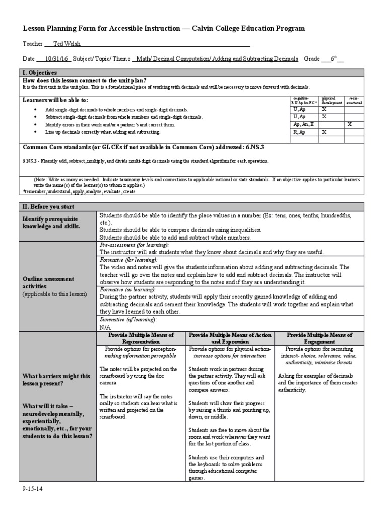 Lesson Planning Form For Accessible Instruction - Calvin College ...