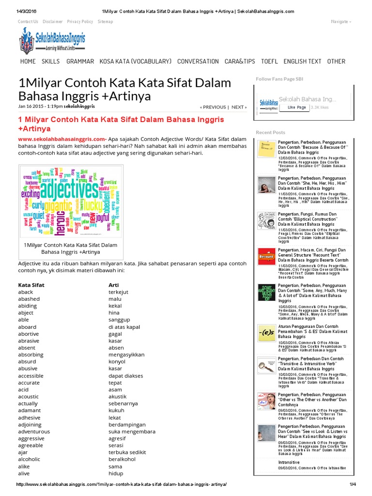 1milyar Contoh Kata Kata Sifat Dalam Bahasa Inggris Artinya