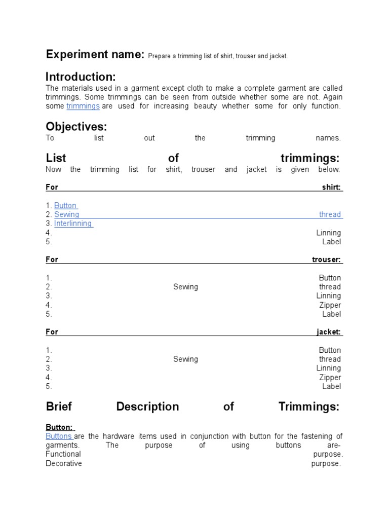 Experiment Name:: Trimmings | PDF