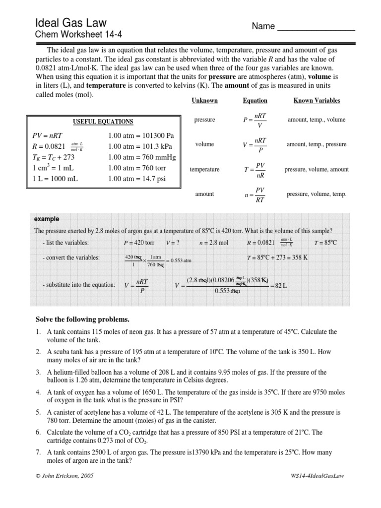 Ideal Gas Law  PDF Intended For Ideal Gas Laws Worksheet