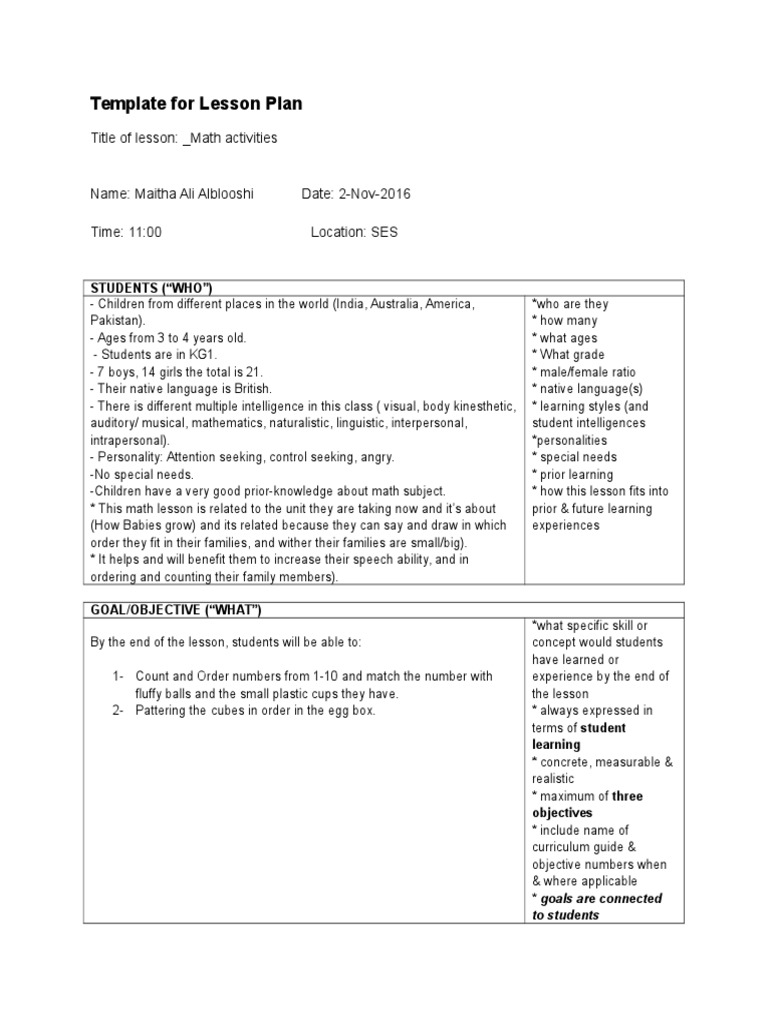 Template For Lesson Plan Title of Lesson Math Activities PDF