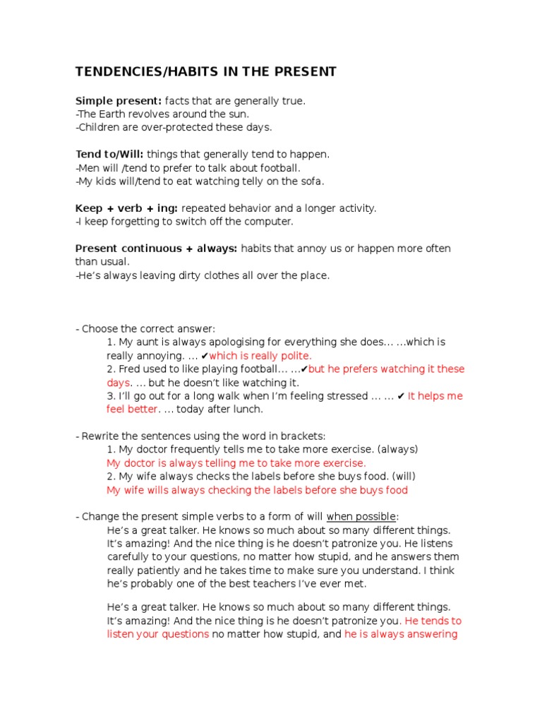 Present Habits and Tendencies Explained | PDF | Wellness | Lifestyle