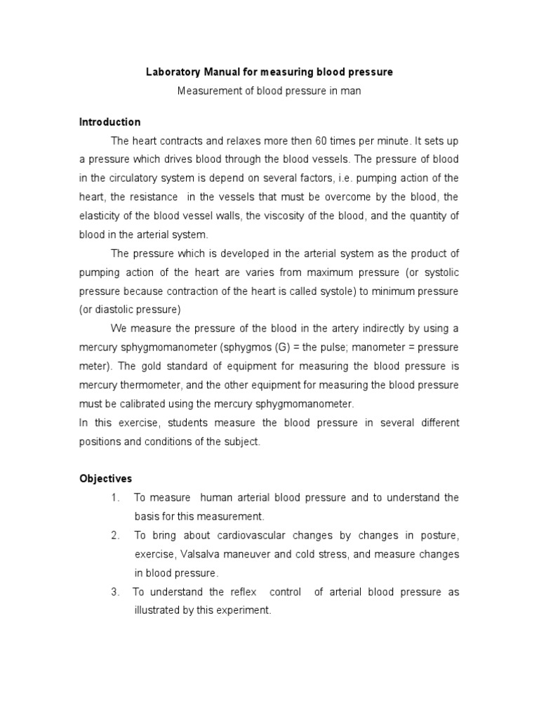 Laboratory Manual For Measuring Blood Pressure PDF Blood Pressure Pulse