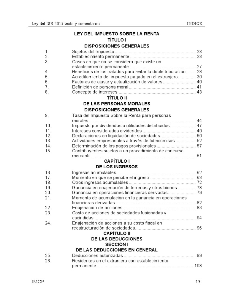 Índice Ley del ISR 2015 | PDF | Impuesto sobre la renta | Pagos