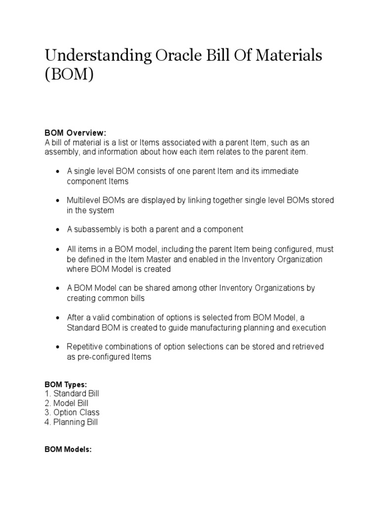Oracle BOM Overview and Types | PDF