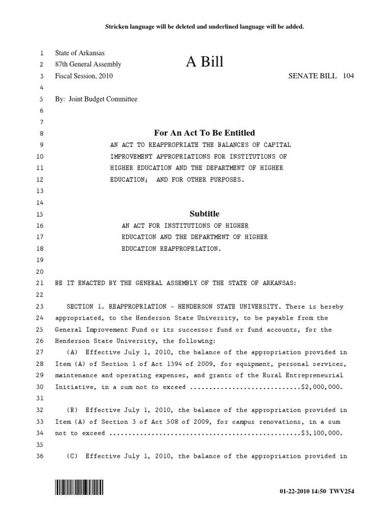 Arkansas Bill SB104 Appropriations Bill (United States) Expense