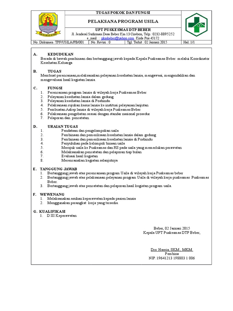 Pelaksana Program Usila Tugas Pokok Dan Fungsi