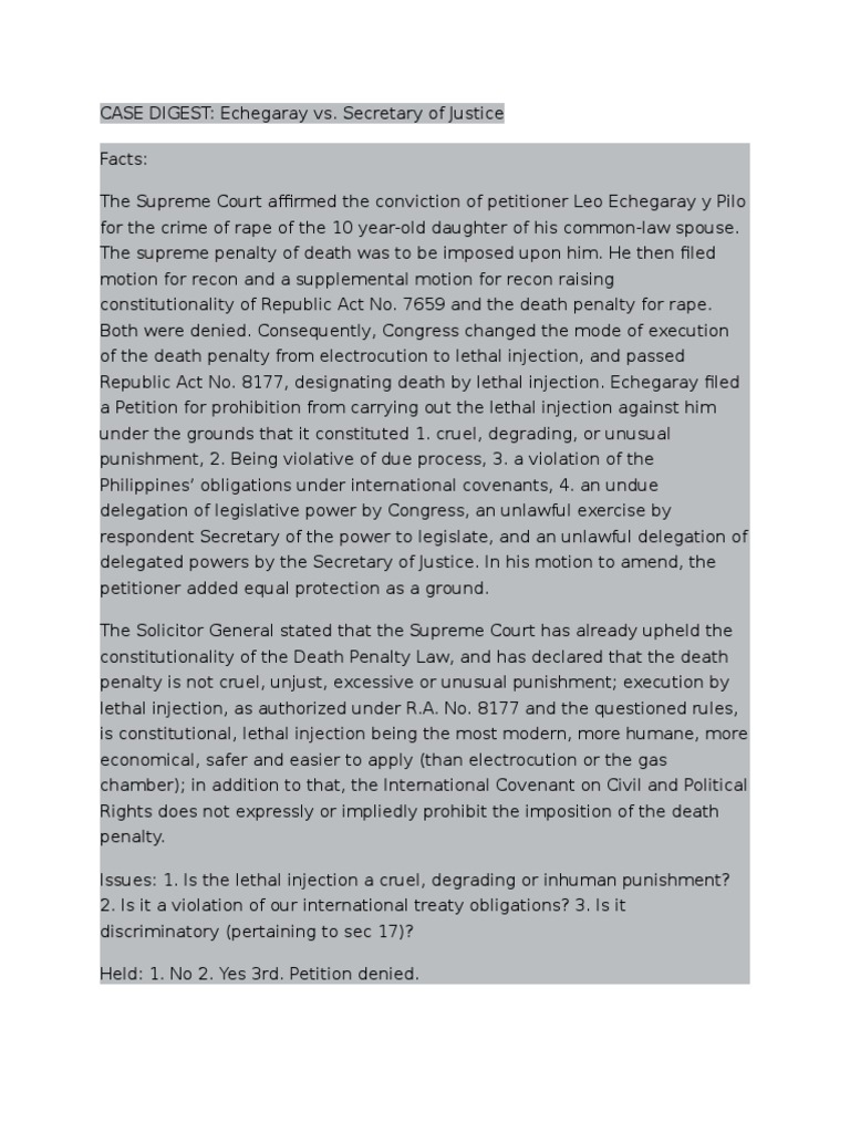 Echegaray vs secretary of justice pdf lethal injection capital